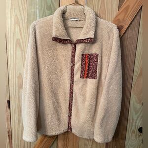 Cream Teddy Jacket with Leopard Print Trim